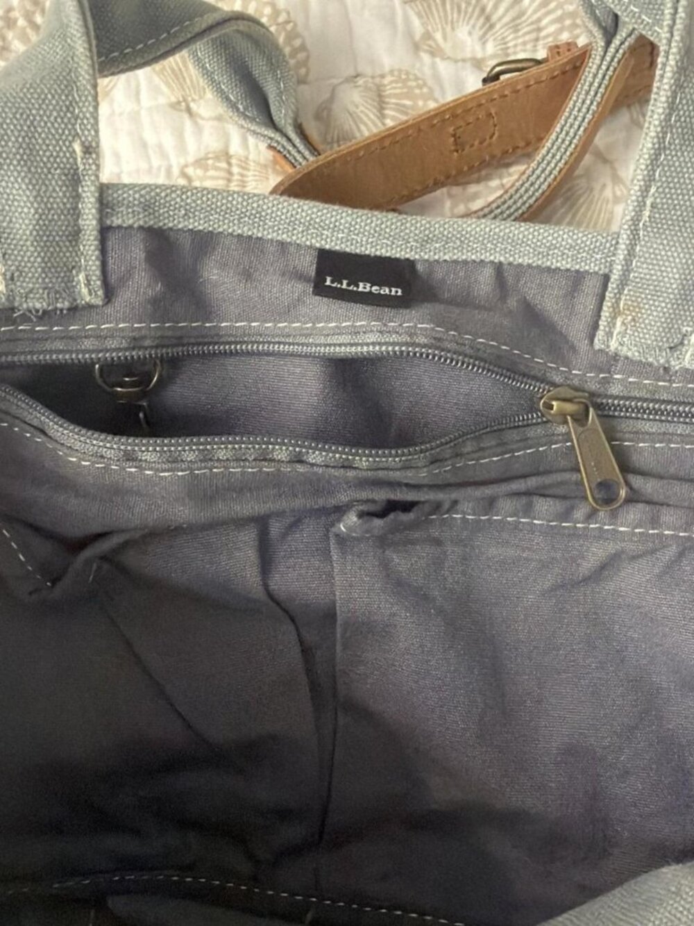 L.L. Bean Canvas Tote Bag with Leather Strap and Buckle - greyish green - Picture 3 of 10